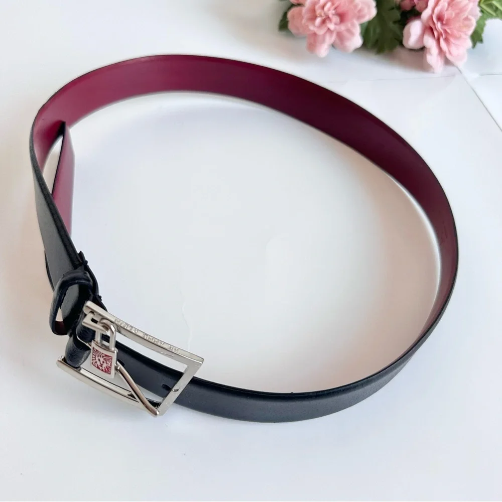 Anne Klein “AK” Black Genuine Leather Silver Lock Charm Rectangle Buckle Belt